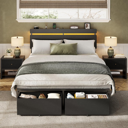 Queen&Full&Twin Bed Frame with 2 Fabric Storage Drawers, Wood Storage Headboard with Charging Station & LED Light, All-Metal Support System, No Noise, No Box Spring Needed, Easy Assembly, Balck