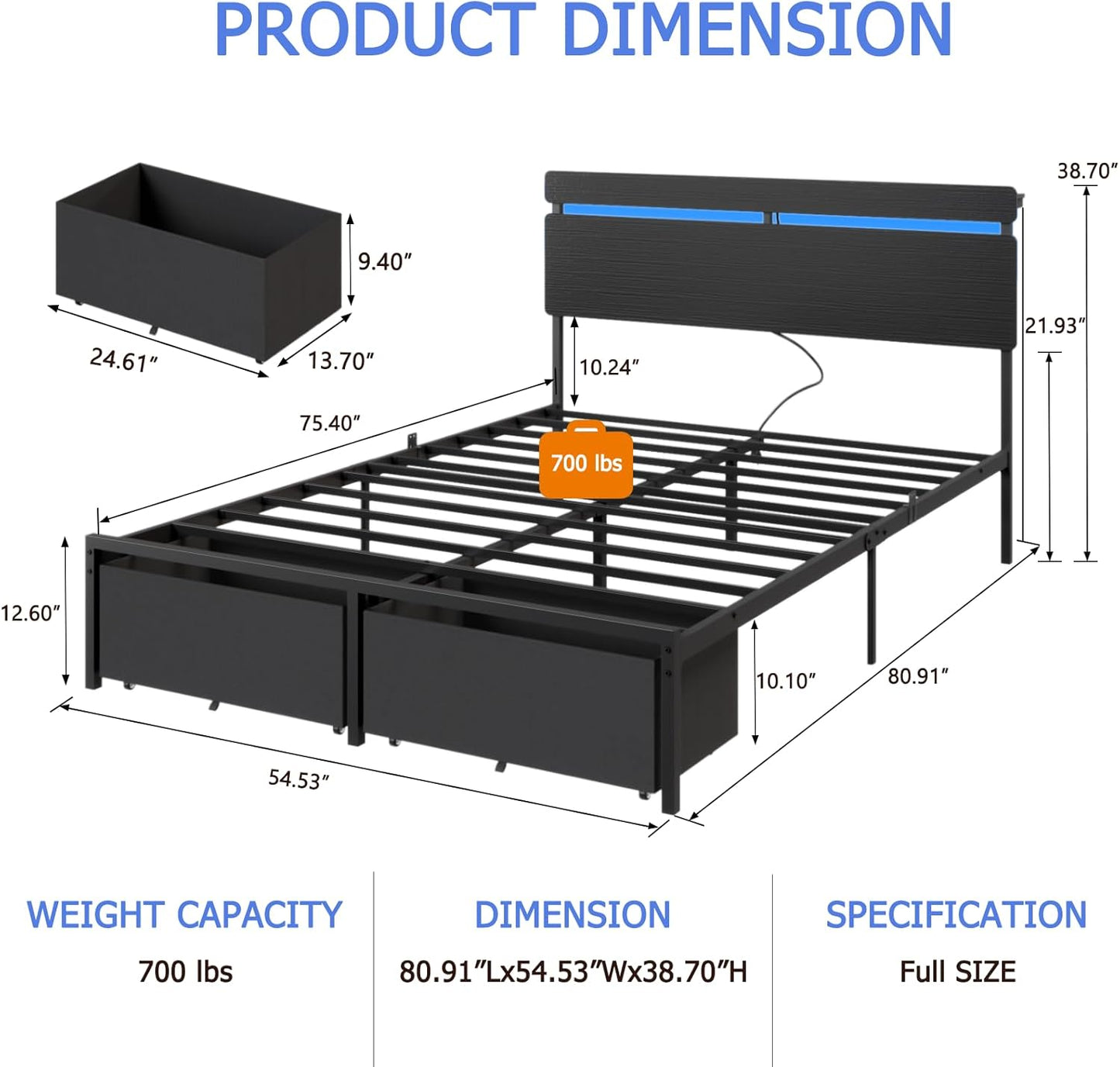 Queen&Full&Twin Bed Frame with 2 Fabric Storage Drawers, Wood Storage Headboard with Charging Station & LED Light, All-Metal Support System, No Noise, No Box Spring Needed, Easy Assembly, Balck