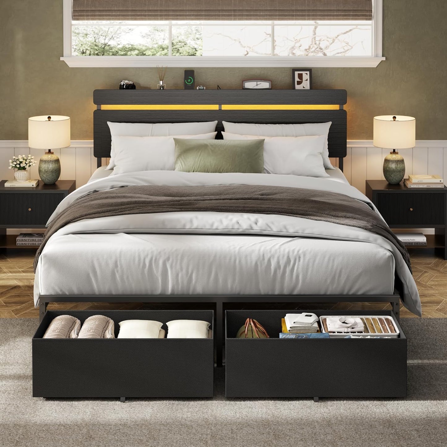 Queen&Full&Twin Bed Frame with 2 Fabric Storage Drawers, Wood Storage Headboard with Charging Station & LED Light, All-Metal Support System, No Noise, No Box Spring Needed, Easy Assembly, Balck