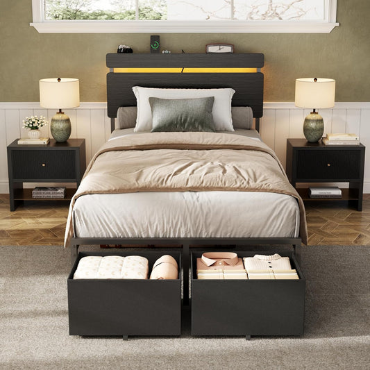 Queen&Full&Twin Bed Frame with 2 Fabric Storage Drawers, Wood Storage Headboard with Charging Station & LED Light, All-Metal Support System, No Noise, No Box Spring Needed, Easy Assembly, Balck