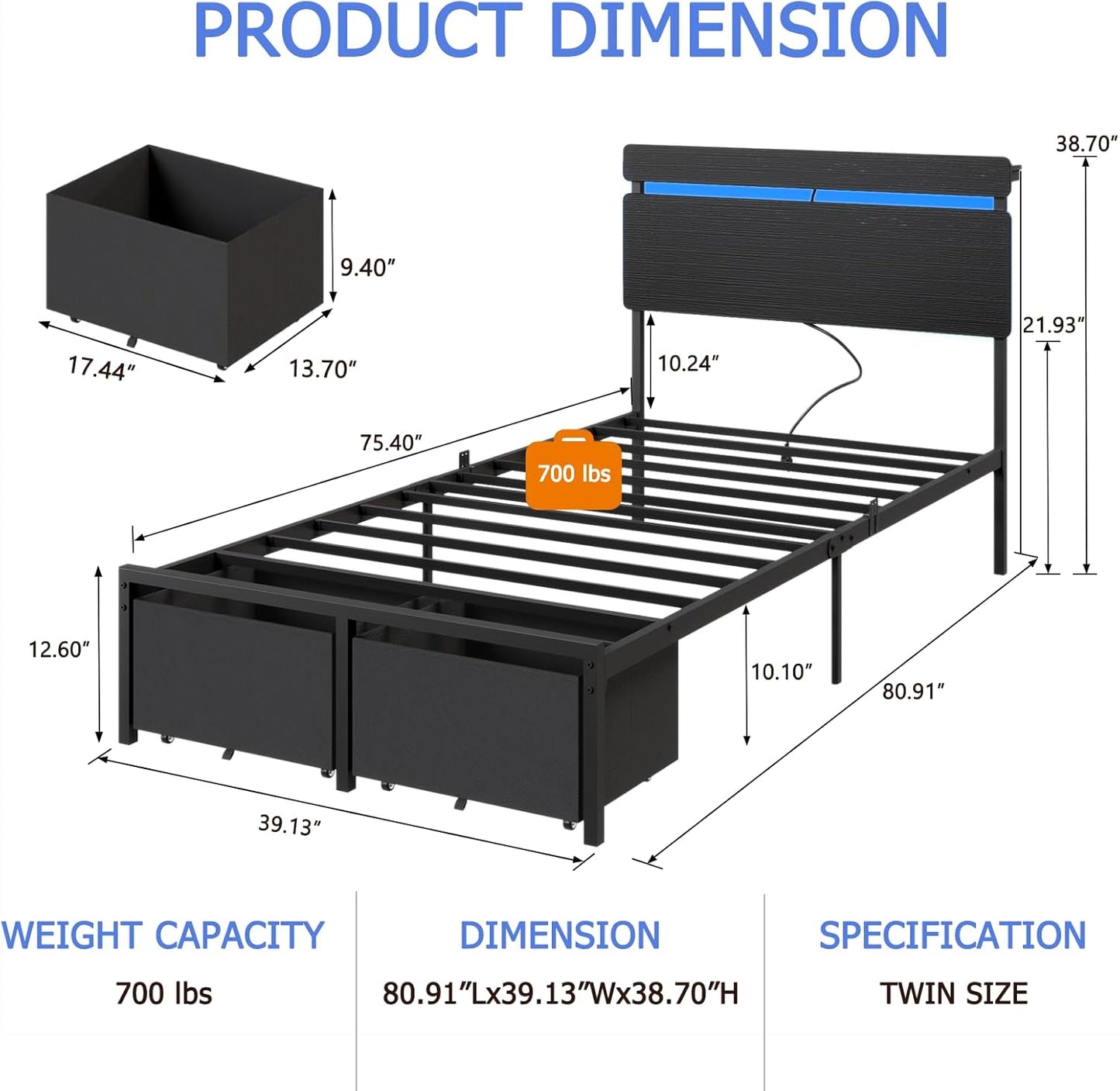 Queen&Full&Twin Bed Frame with 2 Fabric Storage Drawers, Wood Storage Headboard with Charging Station & LED Light, All-Metal Support System, No Noise, No Box Spring Needed, Easy Assembly, Balck