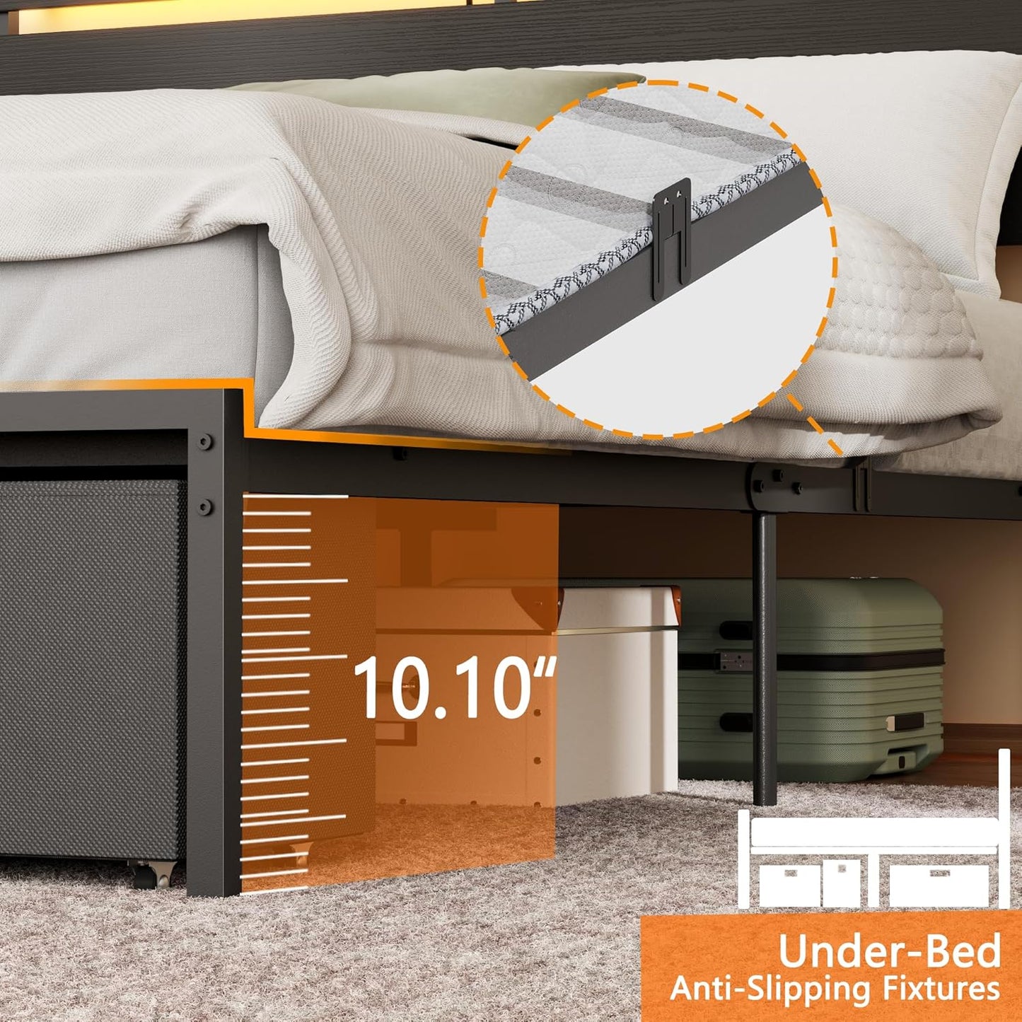 Queen&Full&Twin Bed Frame with 2 Fabric Storage Drawers, Wood Storage Headboard with Charging Station & LED Light, All-Metal Support System, No Noise, No Box Spring Needed, Easy Assembly, Balck